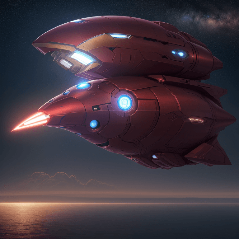AI generated: raw photo, spaceship shaped logo iron man like a metallic airship, flying over a reddish sea, close ...