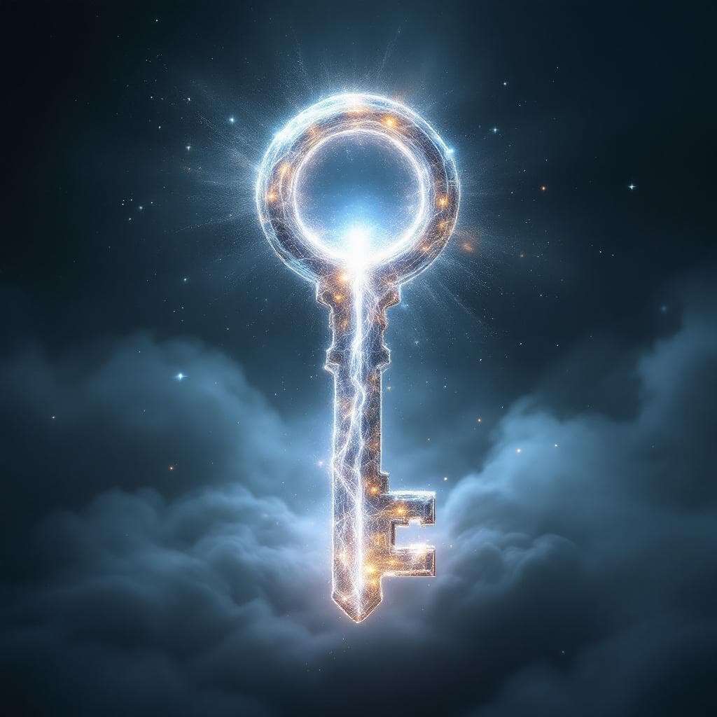 AI generated: Create a key made of Light and energy with a white hole that has light flowing out of it at the hilt...