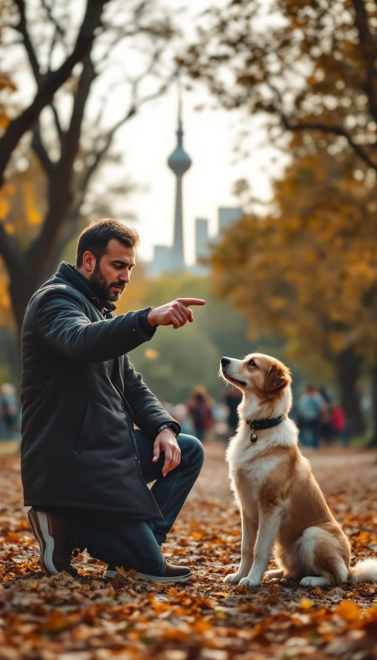 AI generated: A man is commanding his dog to sit in a park in Tehran. He extends his hand with his index finger po...
