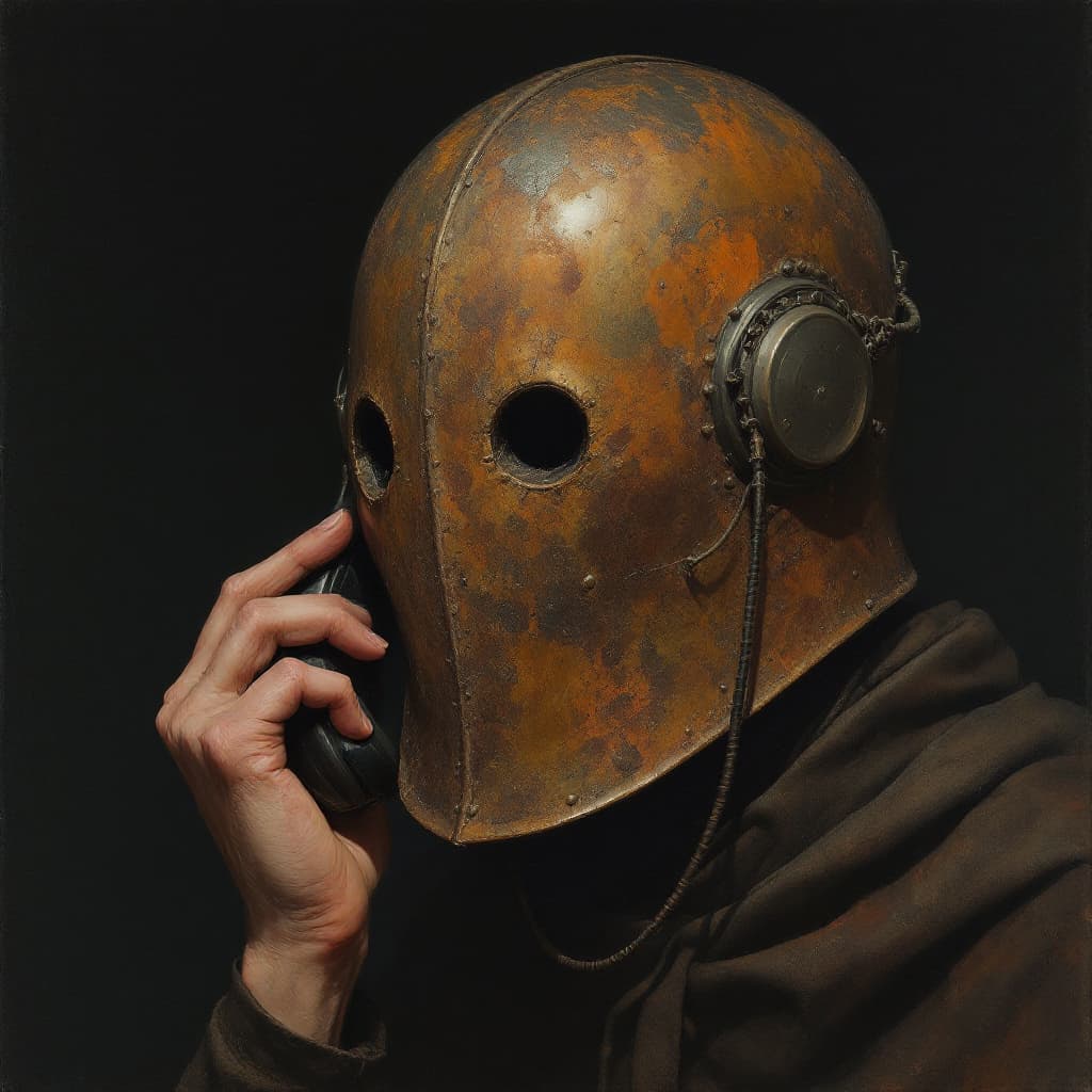 AI generated: An oil painting in the style of Gerald Brom depicting an ancient, rusty, and weathered bronze helmet...
