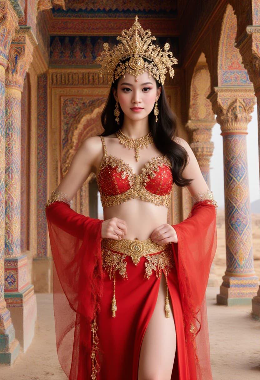 AI generated: In a vibrant desert temple adorned with ornate columns, a woman of exquisite beauty stands, her pres...