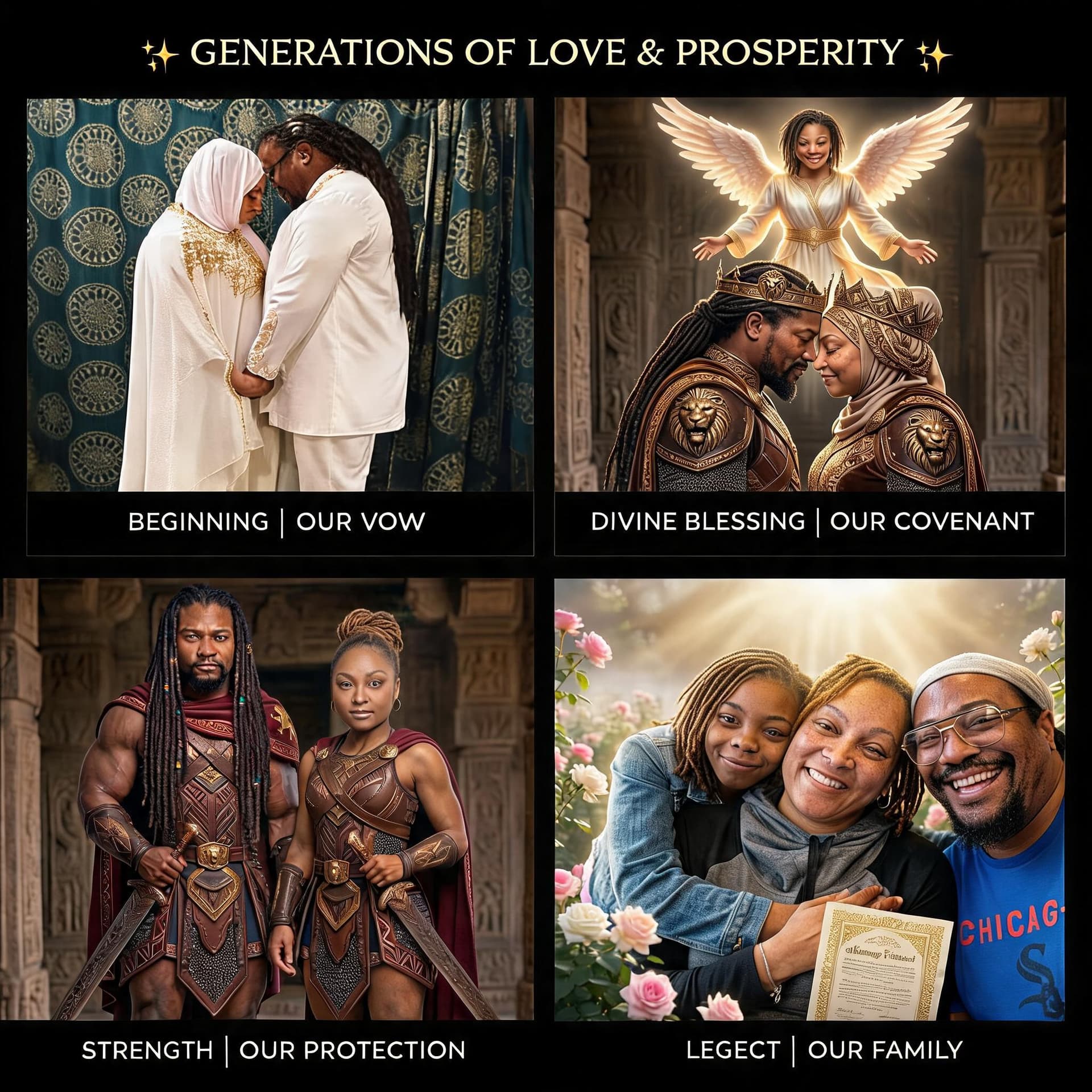 AI generated: create the photos in a cinematic way to show generational prosperity of love, etc