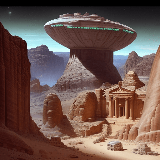 AI generated: High resolution CITY OF PETRA WITH EXTRA TERRESTRE SPACE SHIP AND A LEVIATHAN