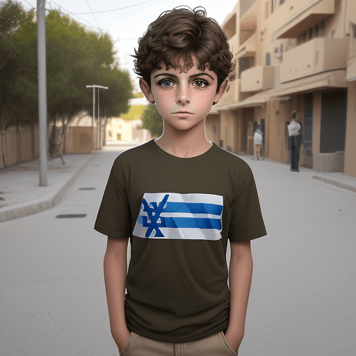 AI generated: Realistic photo of an 8-year-old Israeli boy standing at a height of 1.20 meters. He has amber-color...