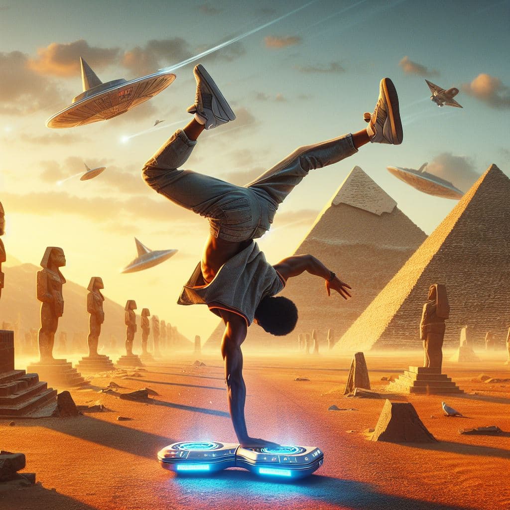 AI generated: man doing a hand stand on a back to the future styled hoverboard floating in the air, pyramids in th...