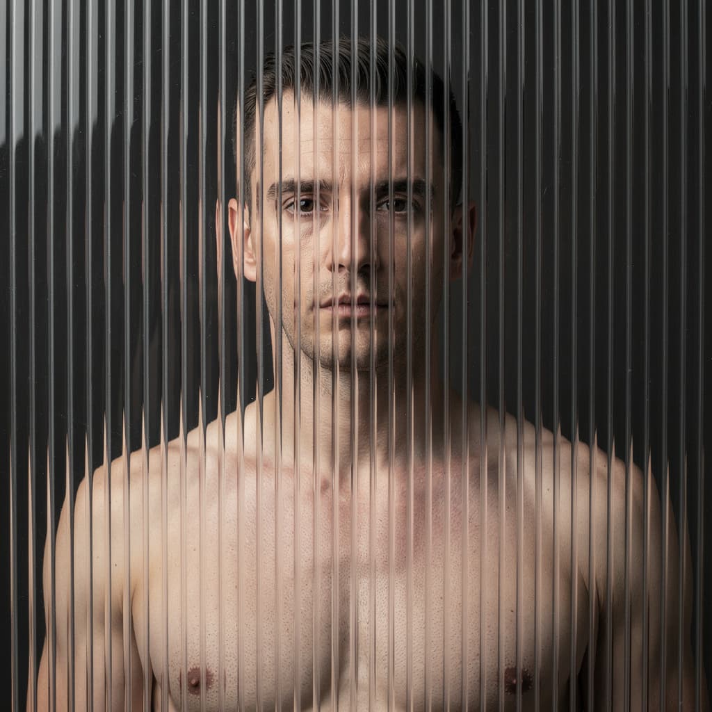 AI generated: high resolution photography, front central profile, man facing front, gaze to front, shirtless, phot...