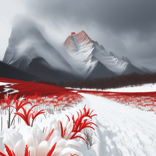 AI generated: Snow scenery, Snow road, blooming red lilies, two crumbled black towers in the distance, cloudy