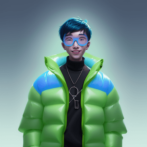 AI generated: a young smiling man  wear a glasss 
wearing a poncho oversized puffer jacket, inspired by OffWhite, ...