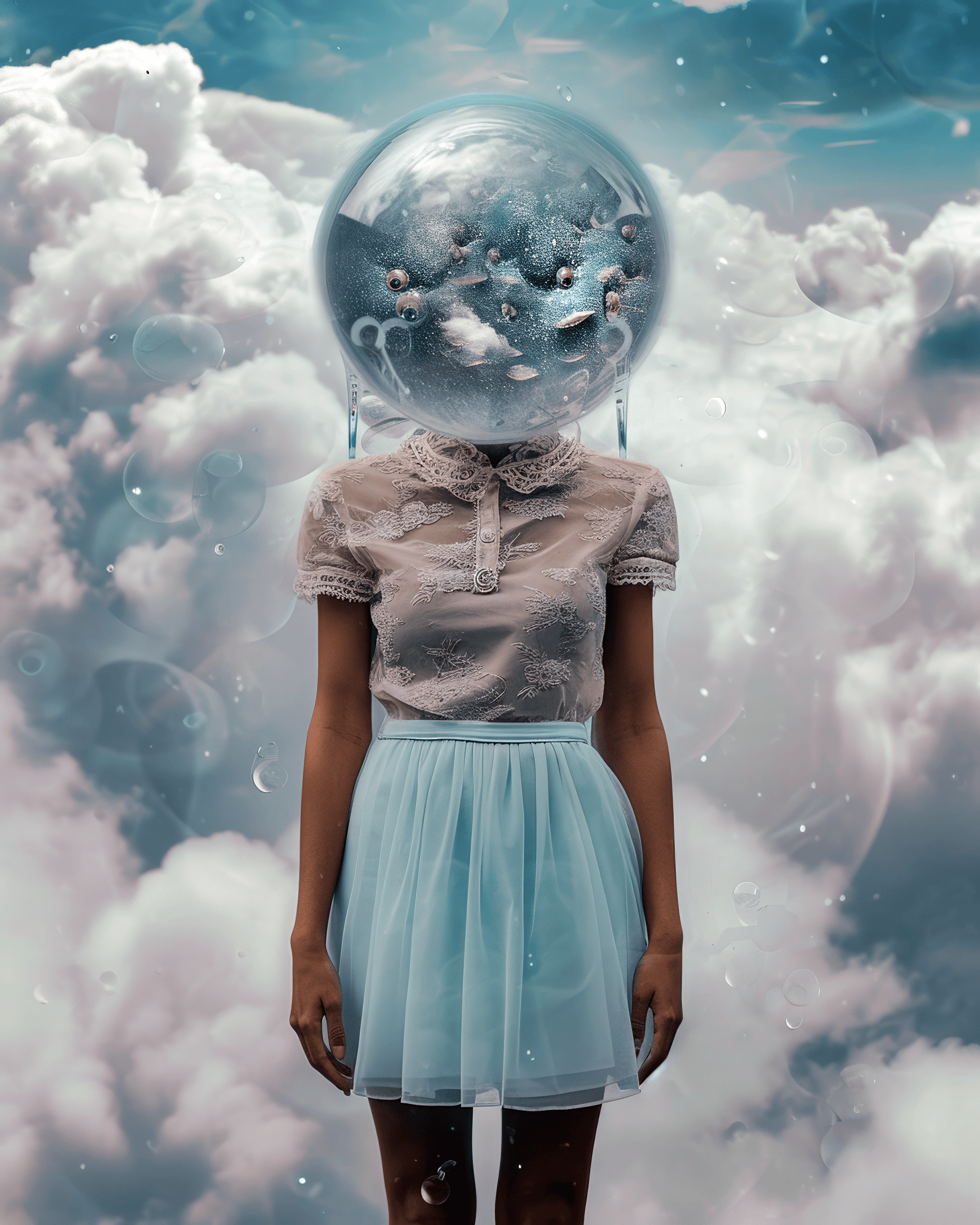 AI generated: a woman with a fishbowl for a head standing in a beautiful garden in the clouds, short skirt portrai...