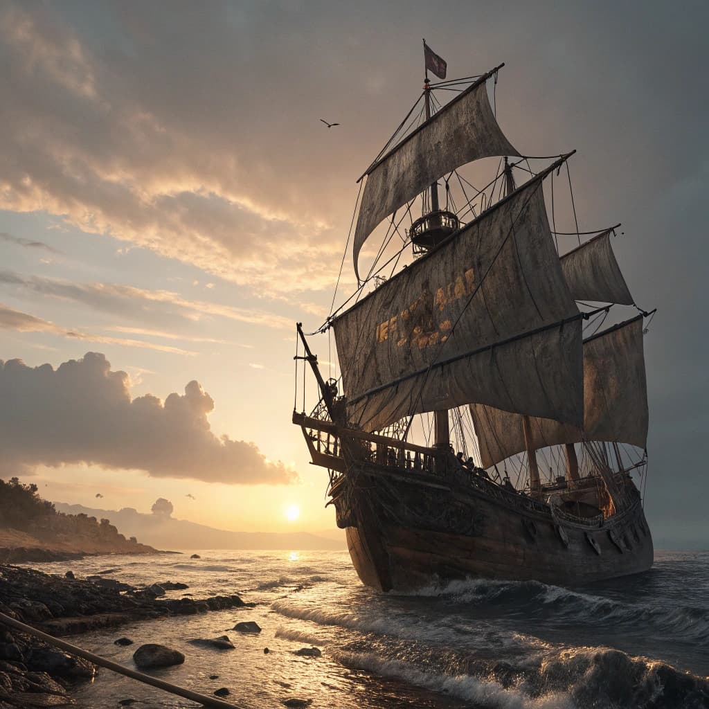 AI generated: Photo of a ultra realistic sailing ship, dramatic light, pale sunrise, cinematic lighting, battered,...