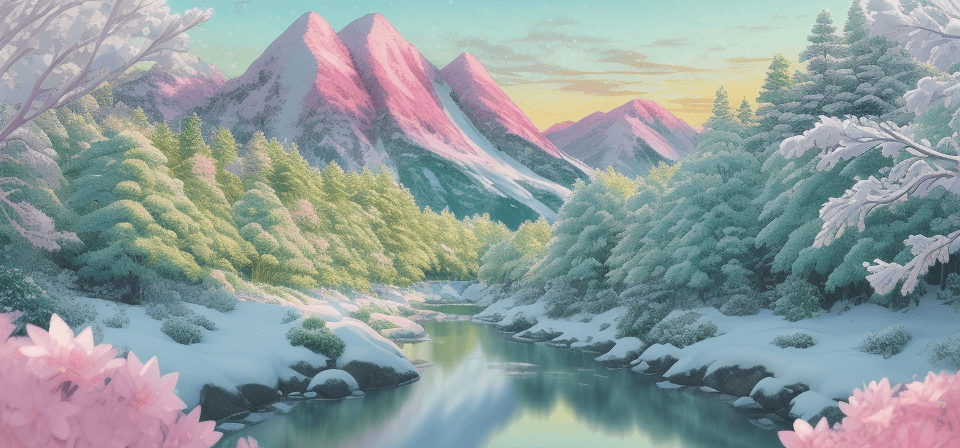 AI generated: pastel green trees, mountains covered in snow, blue sky, crystal clear water stream, pastel green ed...