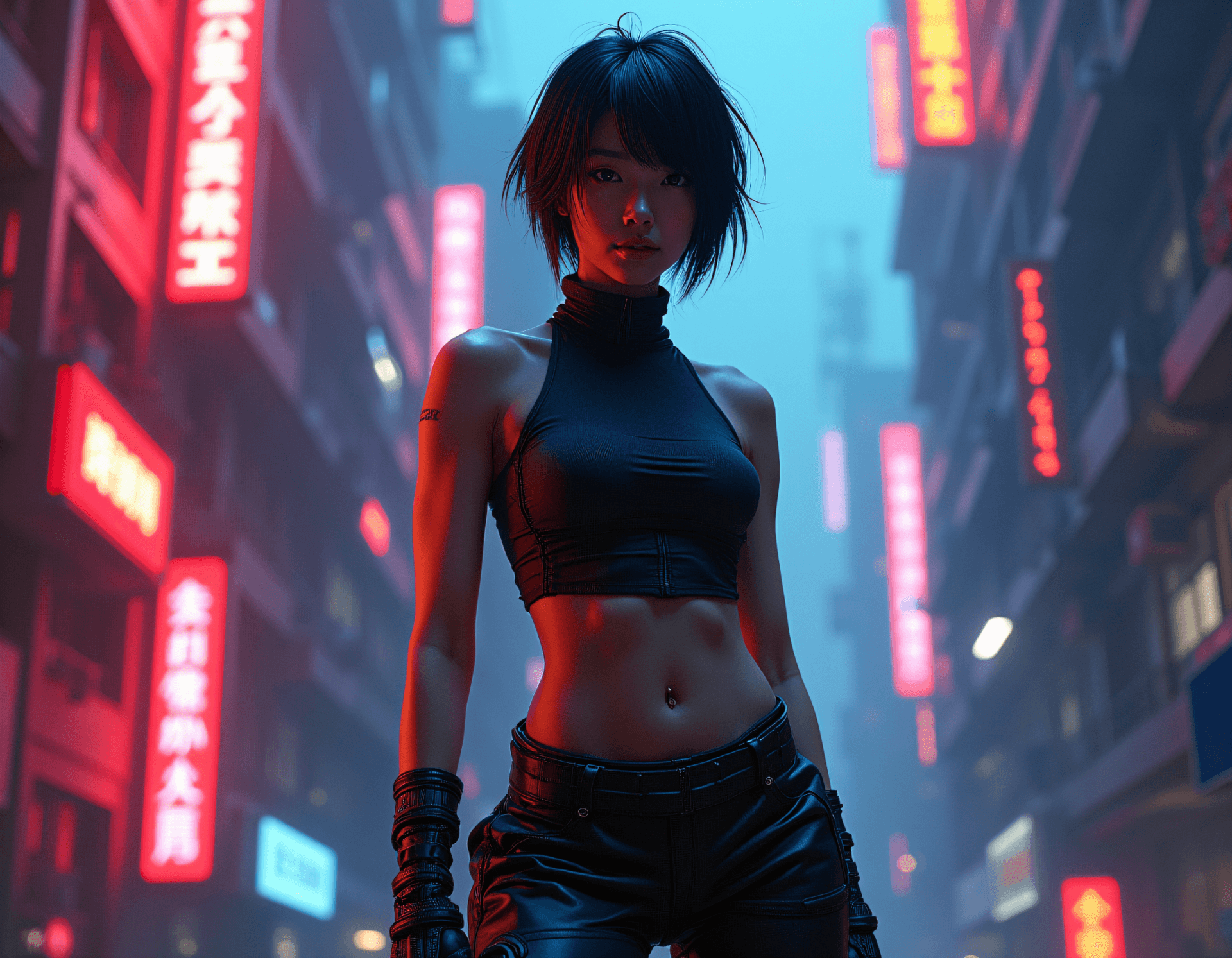 AI generated: cyberpunk game style a photo of a slim, small breast, flat chest, abs, young asian female supermodel...