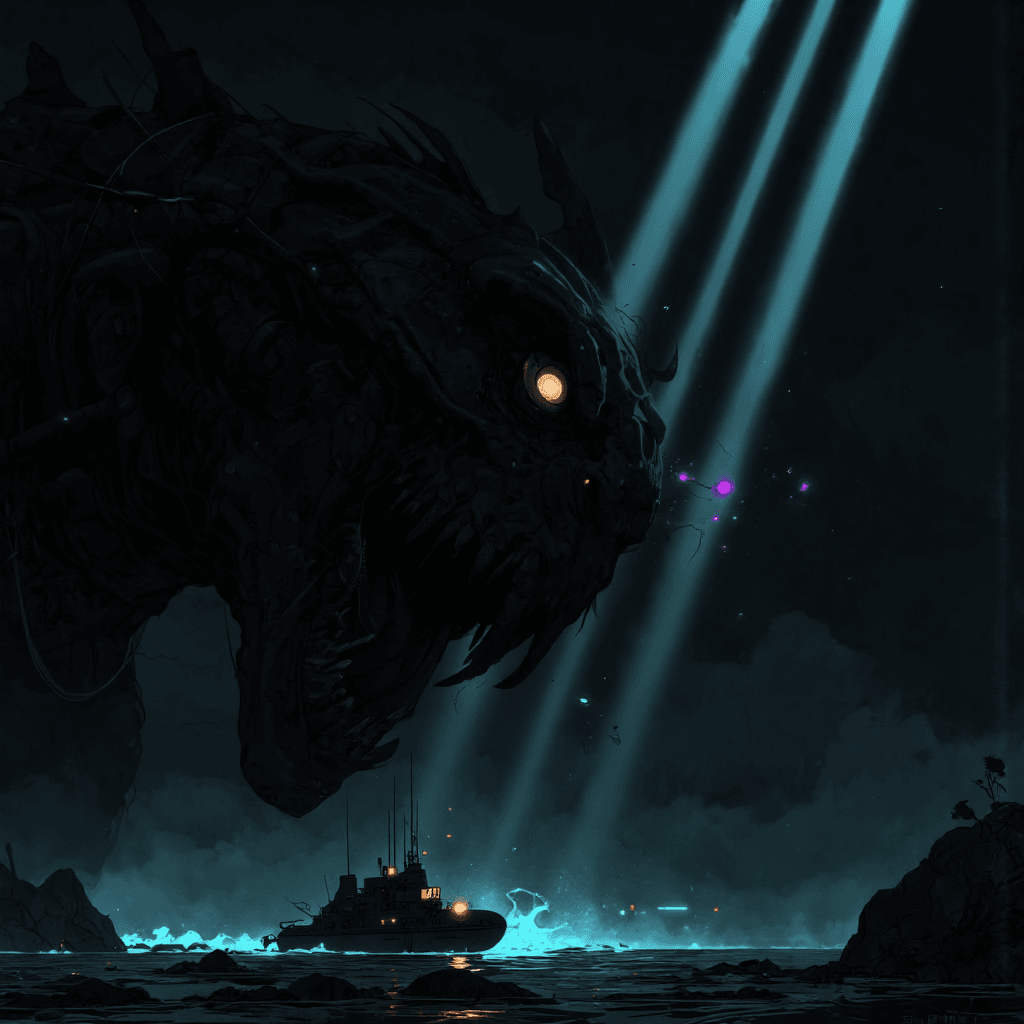 AI generated: A lone diver hovers in the crushing depths of the deep ocean abyss, surrounded by an infinite void w...