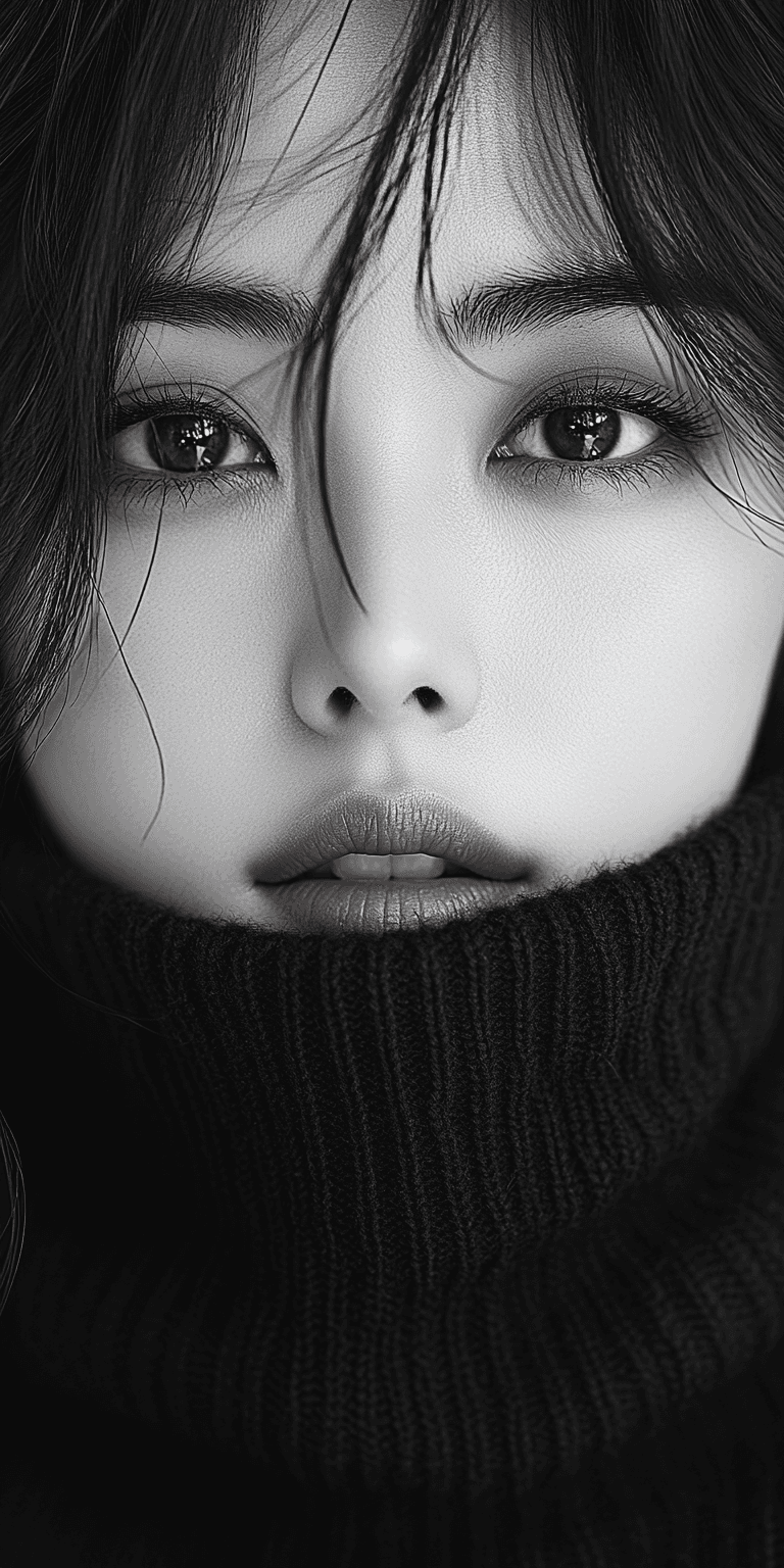 AI generated: Beautiful Chinese female model with her face covered in a black turtleneck sweater, close-up shot of...