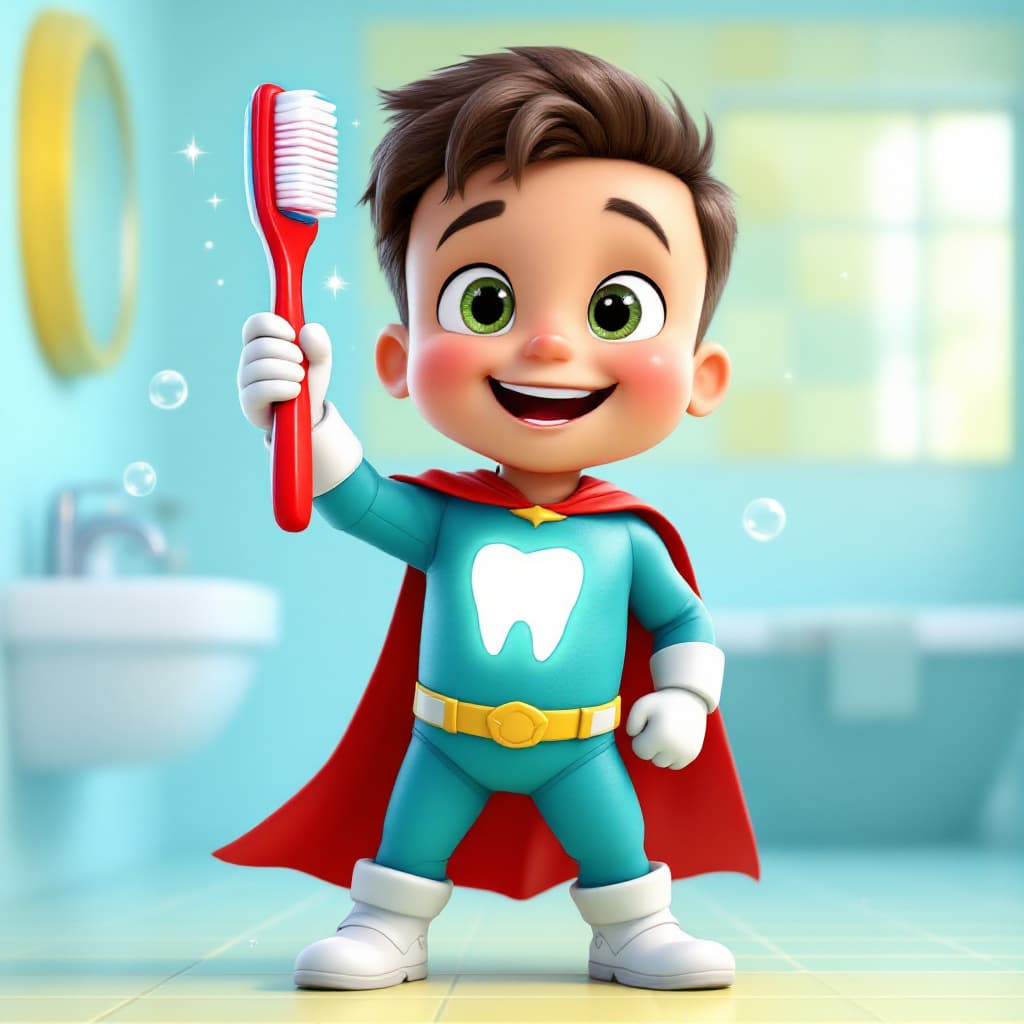 AI generated: Captain Clean, a cheerful toddler-friendly superhero, stands in a bright pastel-blue cartoon bathroo...