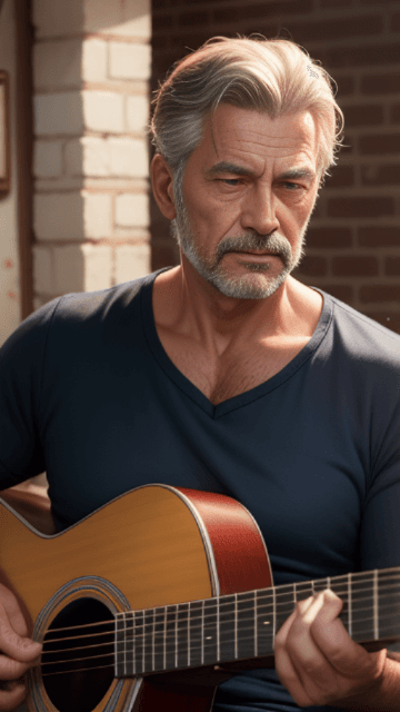 AI generated: adult man approximately 50 years old, handsome playing guitar in a nice little Colombian town with P...