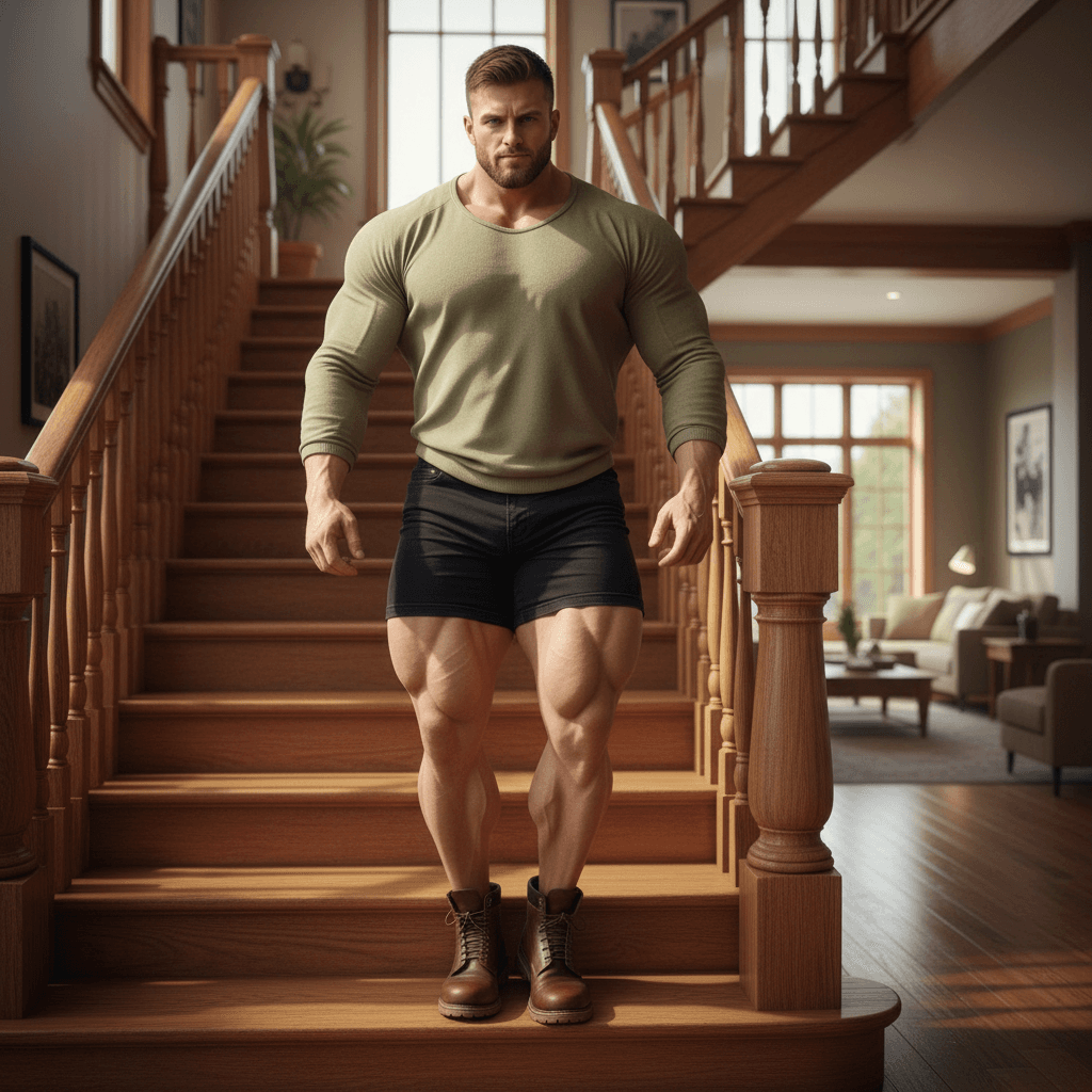 AI generated:  On a large-nice wooden stair case with wooden rail in a sunny afternoon. The model is a bodybuilder...