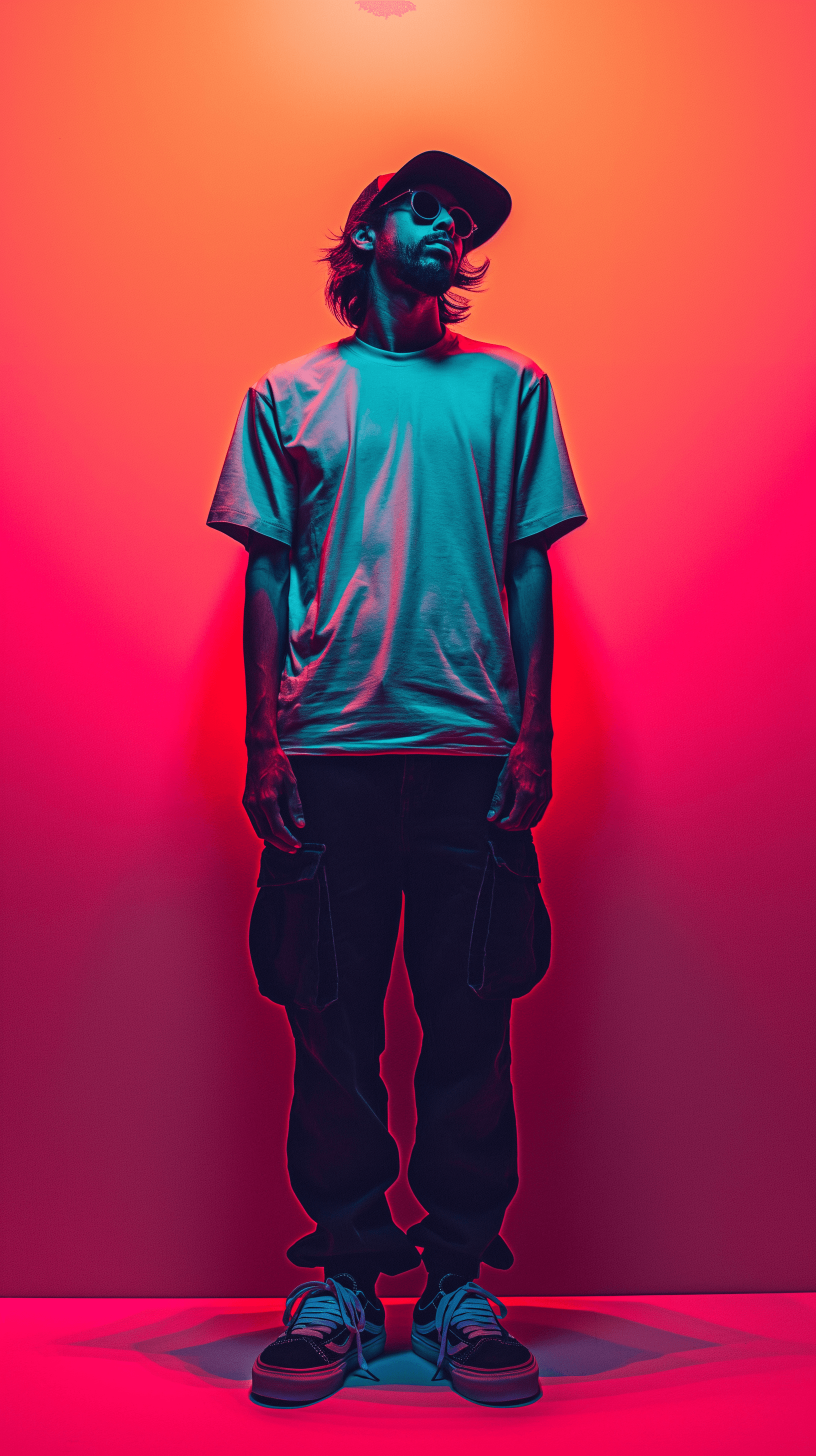 AI generated: illustration art, full-body of an man, wearing a over-fit T-shirt and black cargo pants with sneaker...