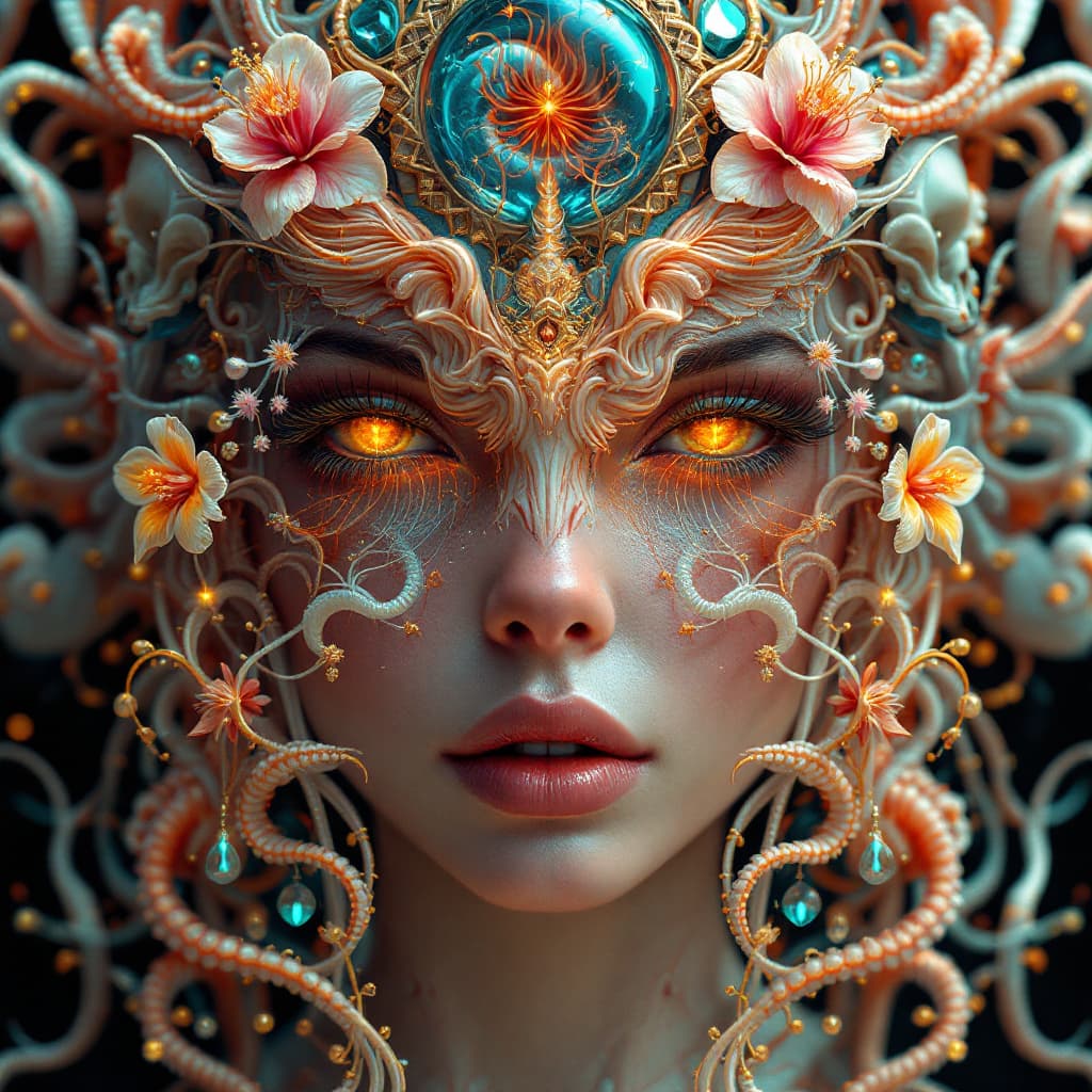 AI generated: Goddess close-up portrait ribcagel. jellyfish phoenix head, nautilus, orchid, skull, betta fish, bio...