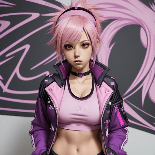 AI generated: Close up of a person with pink hair and a purple jacket, sporty anime girl, with sexy boobs, cute an...
