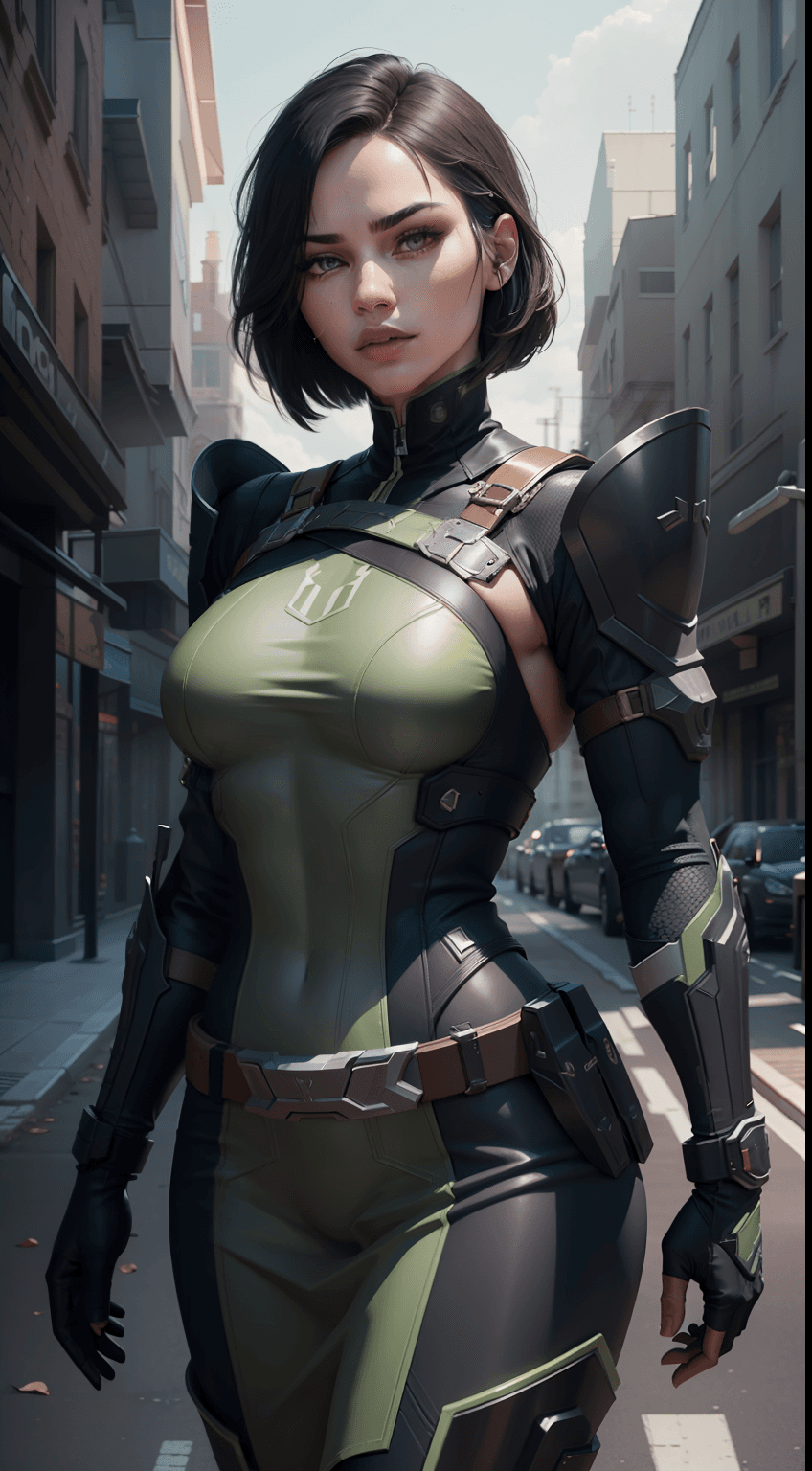 AI generated: viper character from valorant game, lara croft from tomb raiders game, wearing adventural outfit, se...