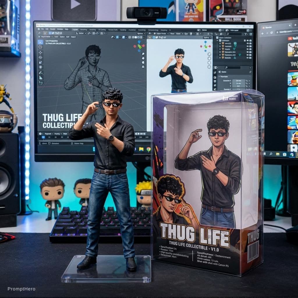 AI generated: Transforming the photographed person into a realistic 3D figurine in front of a computer desk. The c...