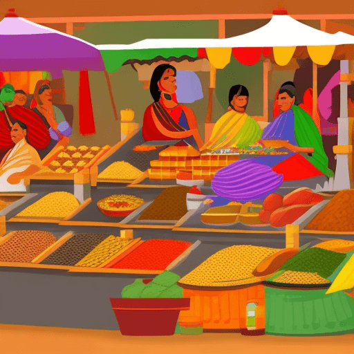 AI generated: Indian market with spices, food, saris, vibrant, vector graphics