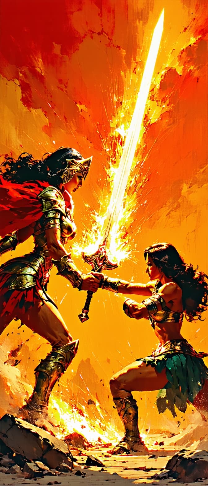 AI generated: 1980s-style fantasy illustration of She-Ra and Red Sonja in a dramatic sword clash, mid-battle, spar...