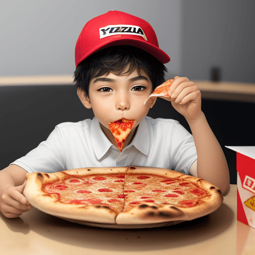 AI generated: a 10 years boy eating pizza , our company name is "YoluPizza" use company name for to see everyone