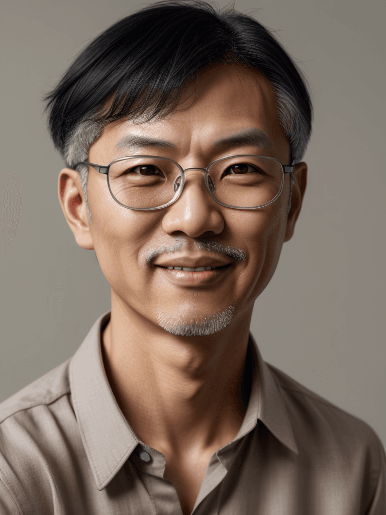 AI generated: medium close-up, middle-aged East Asian male, warm smile, short grey hair, clear eyeglasses, tailore...