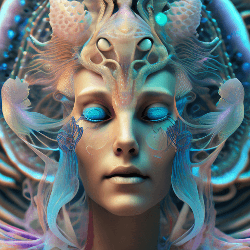 AI generated: Goddess close-up portrait ribcagel. jellyfish phoenix head, nautilus, orchid, skull, betta fish, bio...