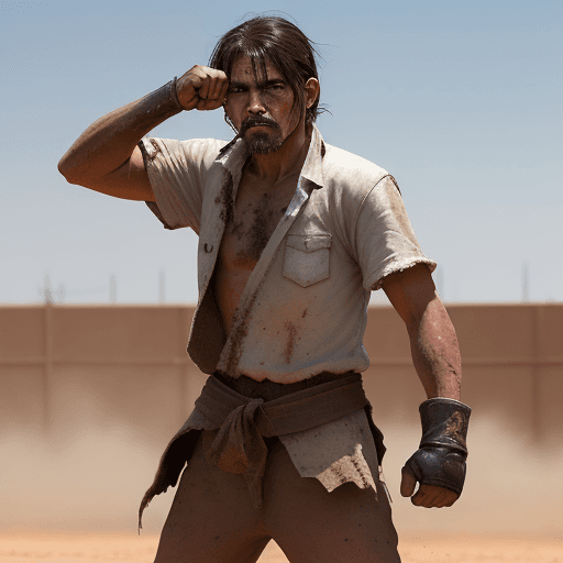 AI generated: a rebel hombre calvo con perilla larga blanca standing in a fighting pose covered in dirt with a run...
