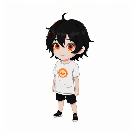 AI generated: An adorable chibi character in a white long shirt, black shorts, orange eyes, Vector Art art, super ...