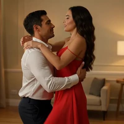 AI generated video: He picks her up in his arms spins her around slowly while dress slips they stare at each other and b...