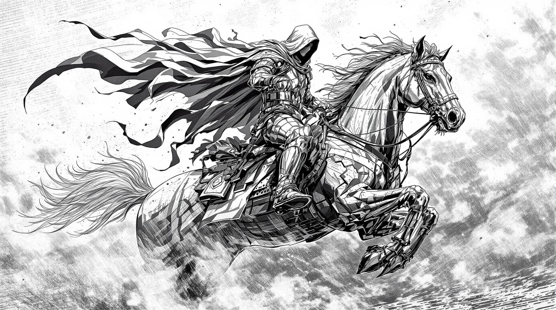 AI generated: Black and white art of a hooded knight riding his horse in full gallop, smoke around him, detailed, ...
