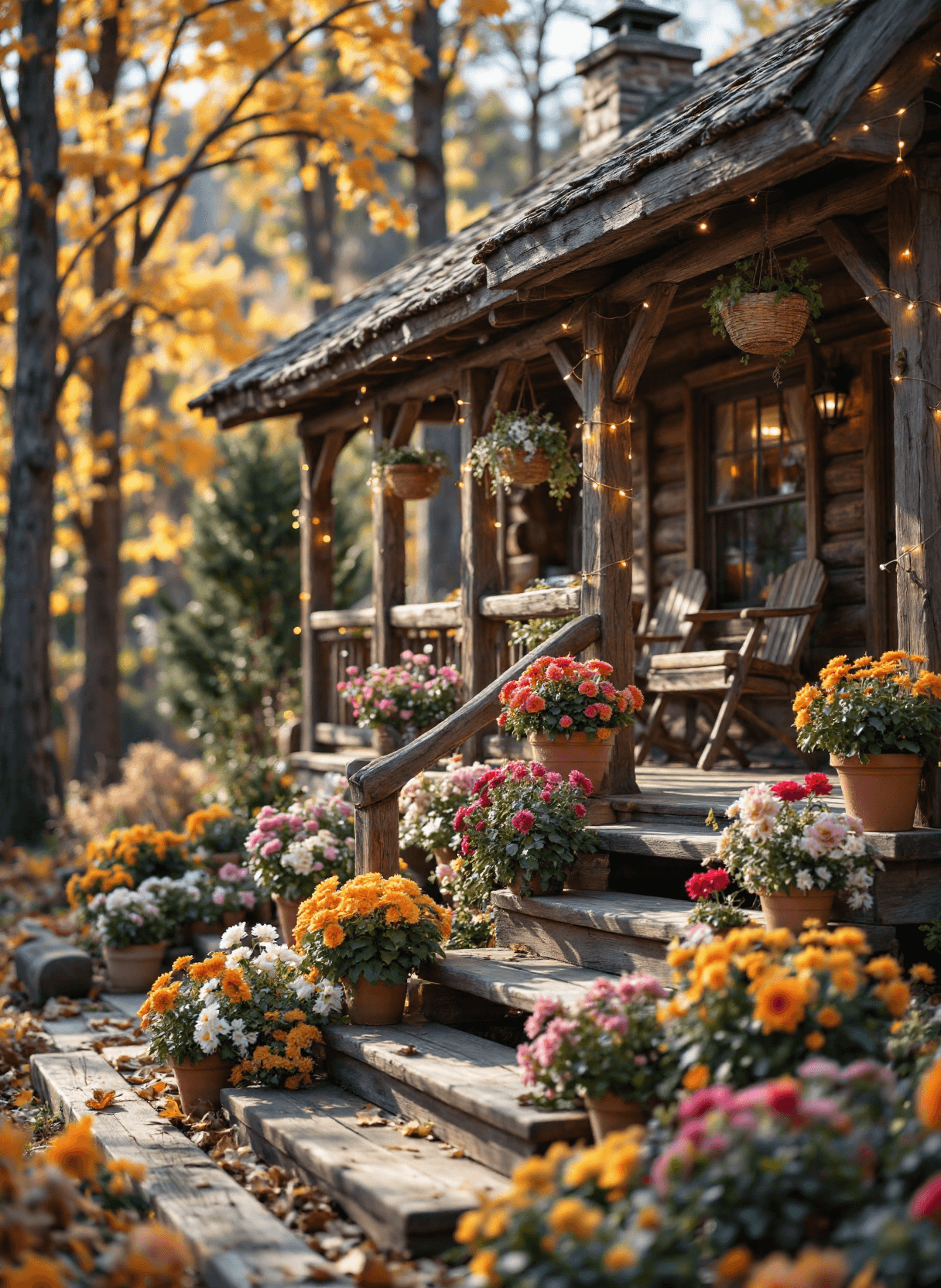 AI generated: The image depicts a cozy, rustic cabin nestled in a forest during the autumn season. The cabin is co...