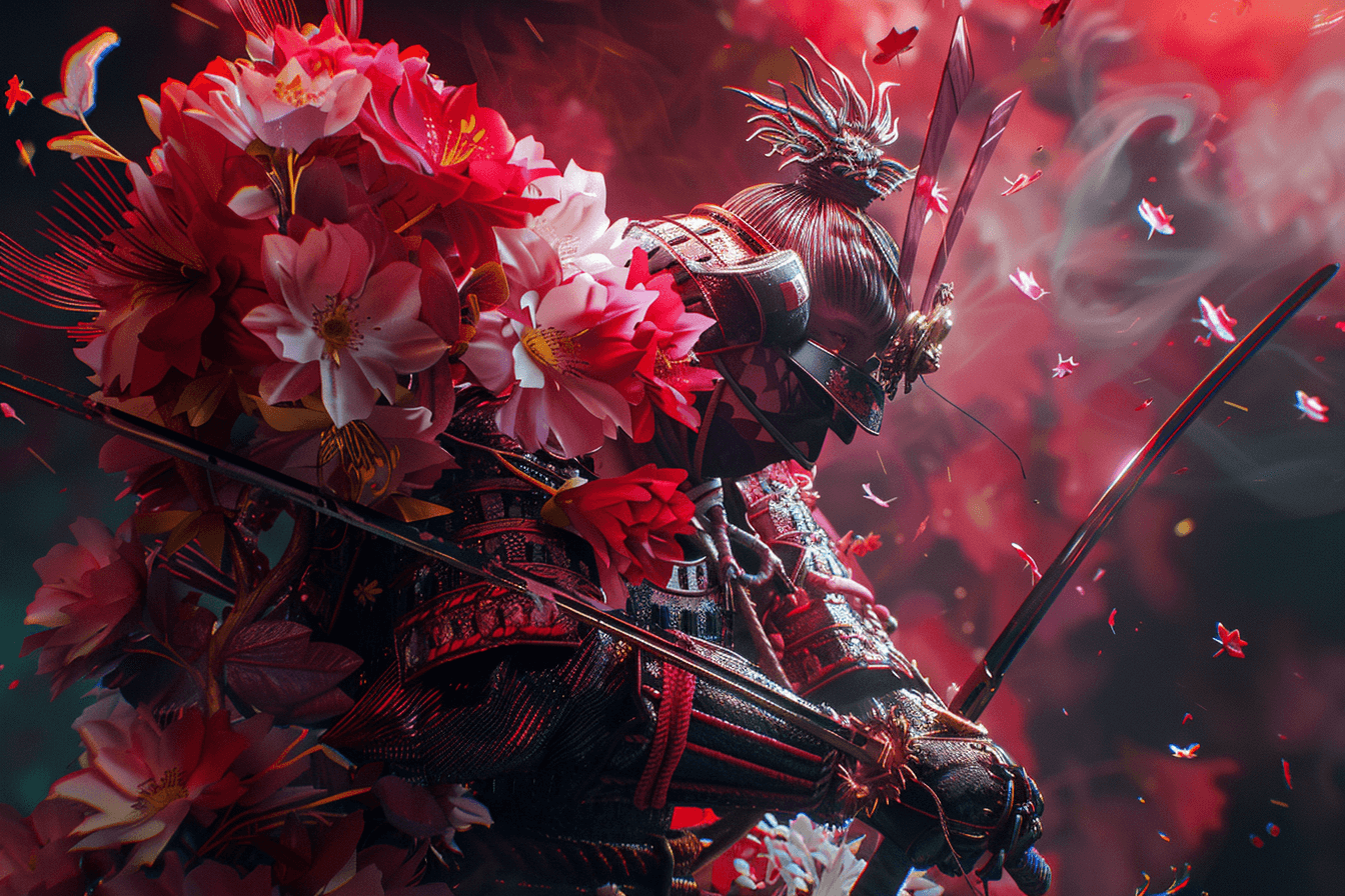 AI generated: colorful flowers, dmt style, 3d render, Samurai in 'Fluid Fragments', morphing seamlessly between an...