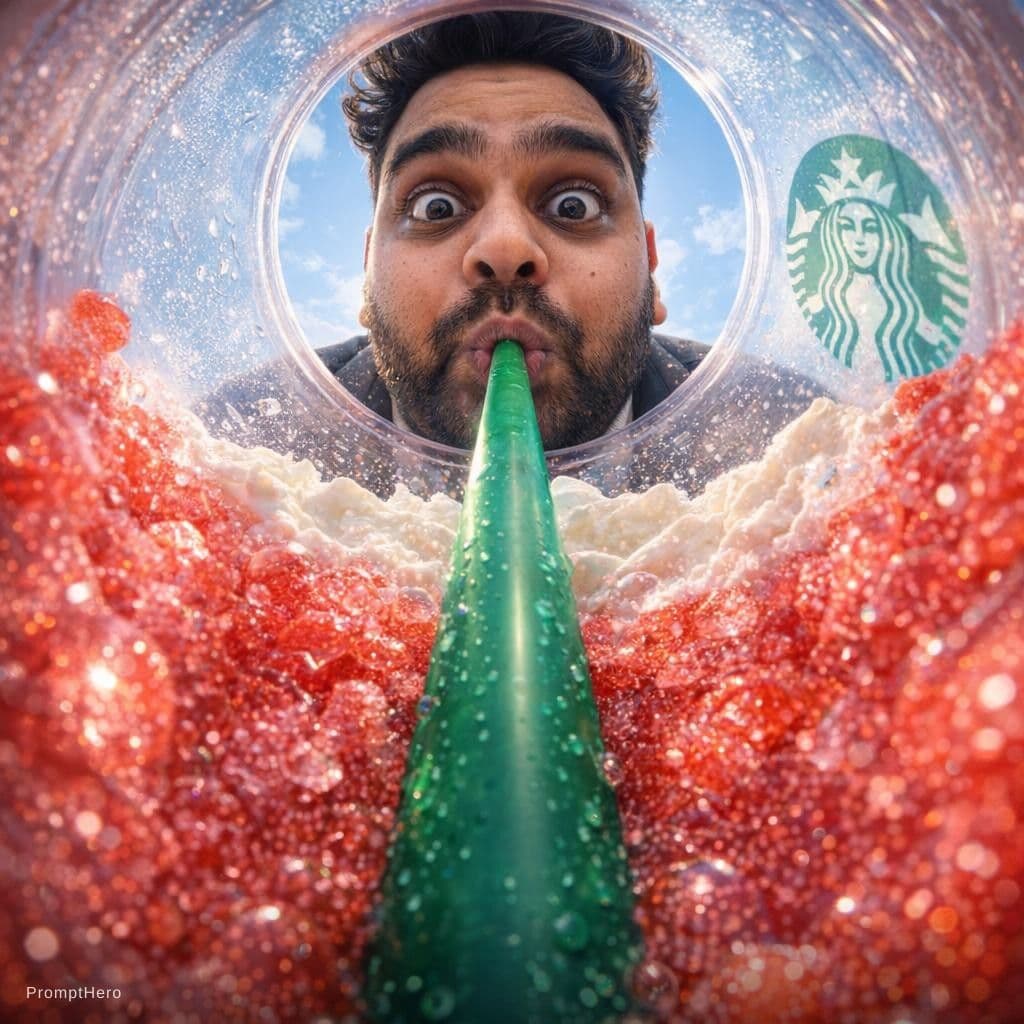 AI generated: {
  "prompt": "View from inside a Starbucks strawberry frappuccino cup looking up, fisheye lens extr...