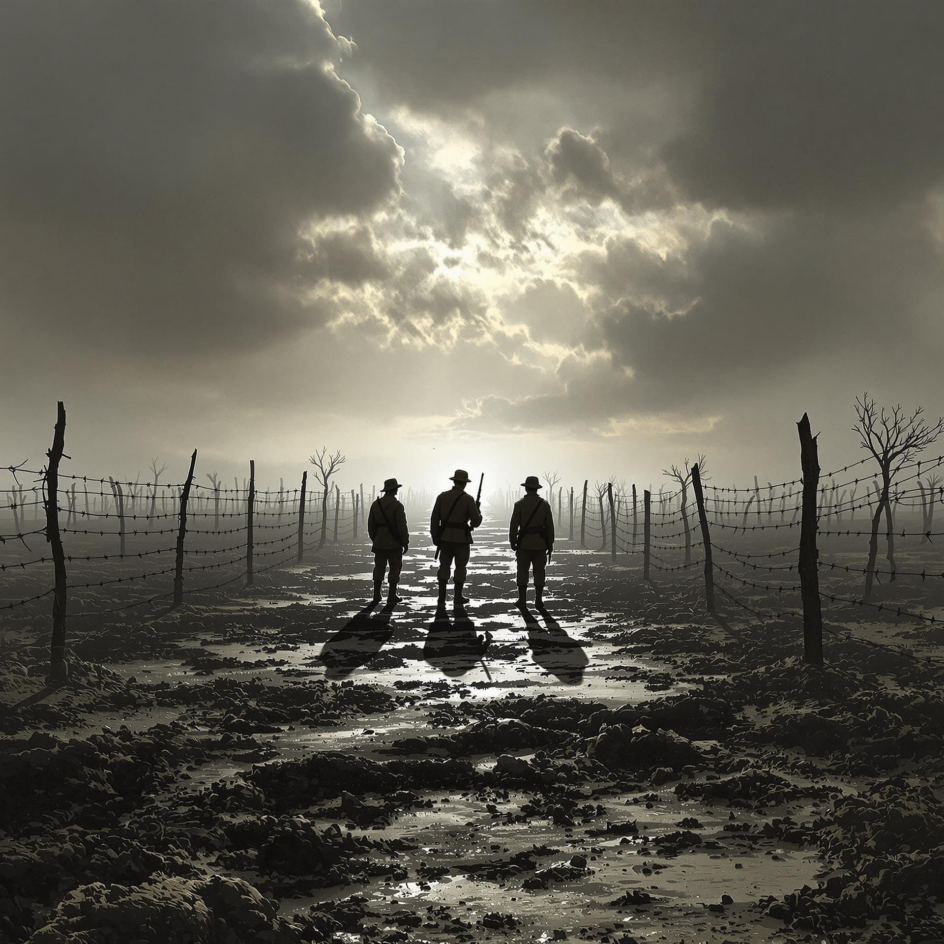 AI generated: Create a WWI no-mans land scene: a barren, war-torn landscape under a foreboding, gray cloudy sky, w...