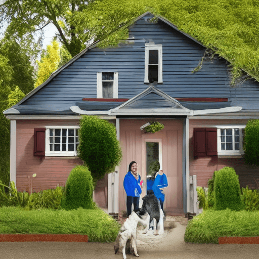 AI generated: house with person in front with a dog and a cat next to them. The house has a big sign that says "FO...