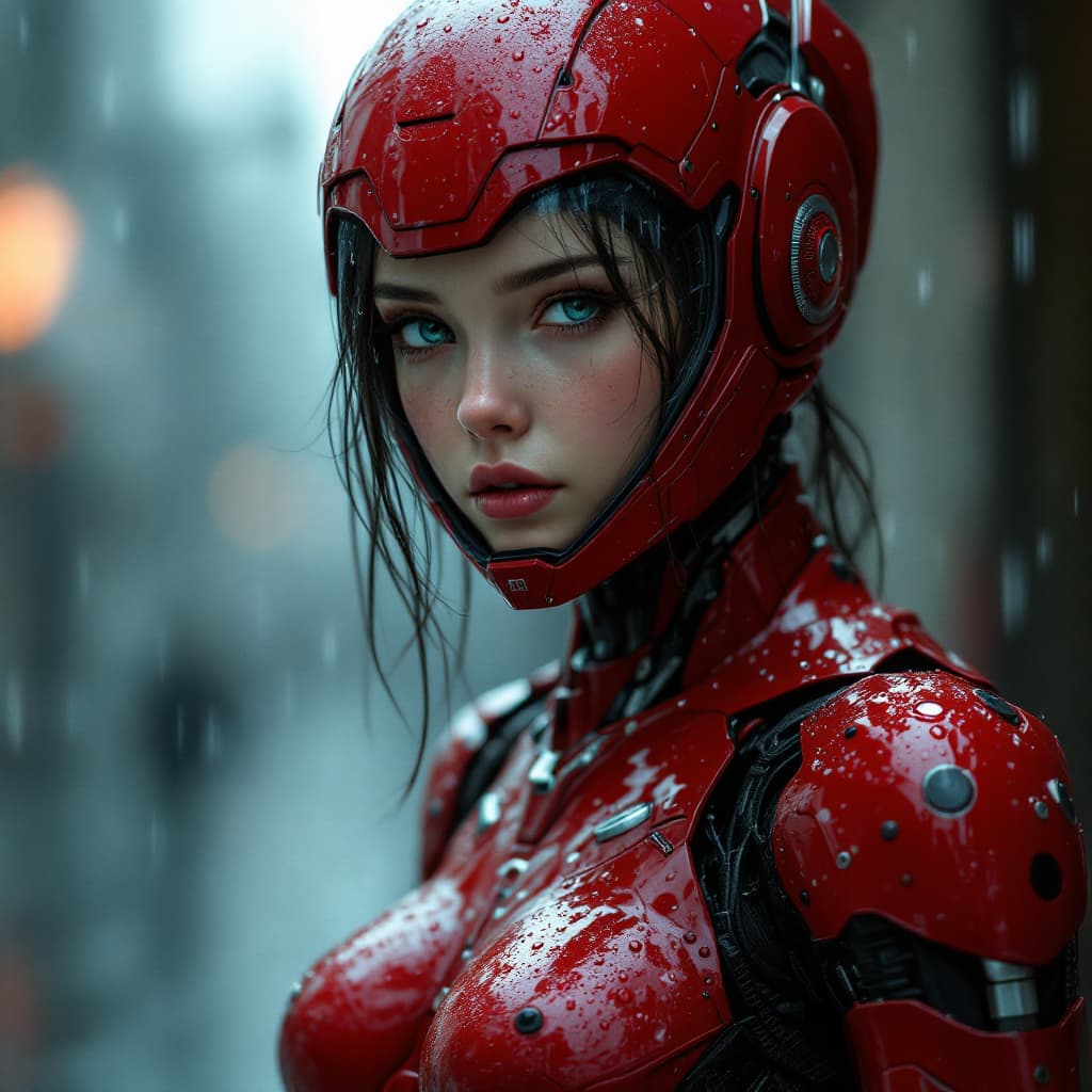 AI generated: young girl with a red robot suit standing in the rain, in the style of detailed hyperrealism, skotti...