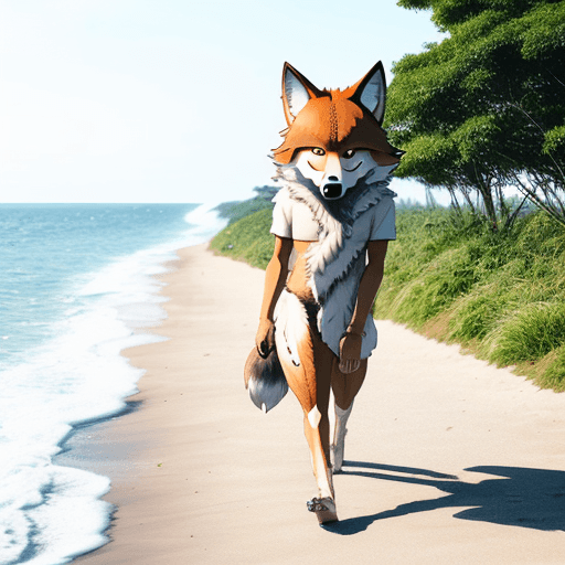 AI generated: A cute male kemono wolf walking by the sea in summer