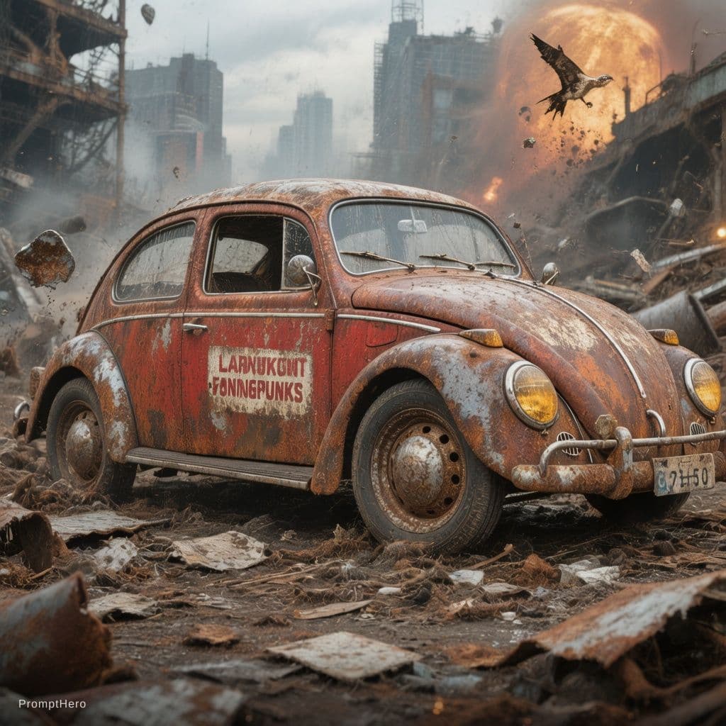 AI generated: vw beetle vintage poster, in the style of rustic simplicity, gritty reportage, kombuchapunk, rusty d...