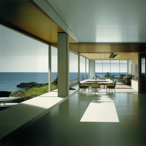 AI generated: Hyper realistic eye level exterior photo of a mid century modern style house overlooking the ocean, ...