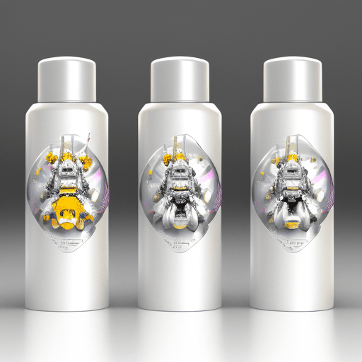 AI generated: A metallic silver to white gradation background. On the forefront are 5 white shampoo bottles, each ...