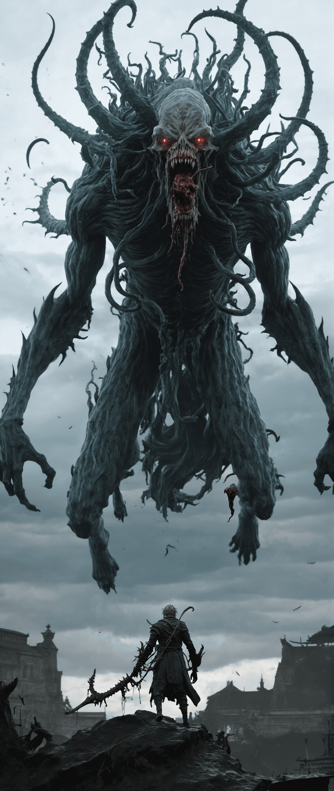 AI generated: concept art death stranding, a classical paint, an eldritch god descending from the sky about to spr...
