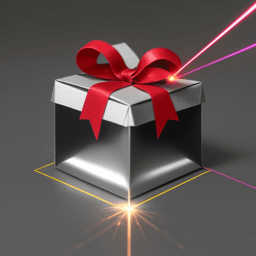 AI generated: one laser beam hits the center of the metal square from the point of contact small gift boxes with b...
