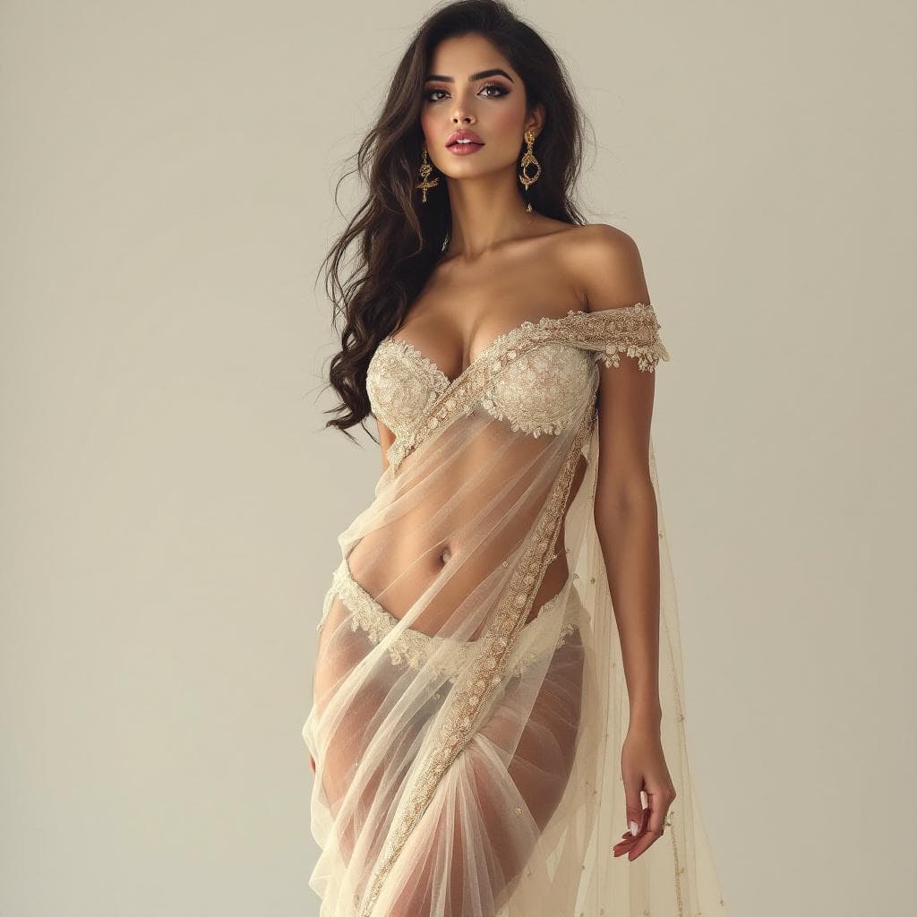 AI generated: busty fair indian in sexy transparent saree with off shoulder blouse and high heels showing navel