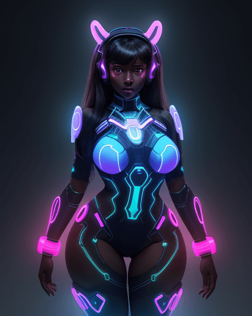 AI generated: dark skin, bioluminescence, adult, D.va, thick thighs, chest, futuristic tech, hypnotic