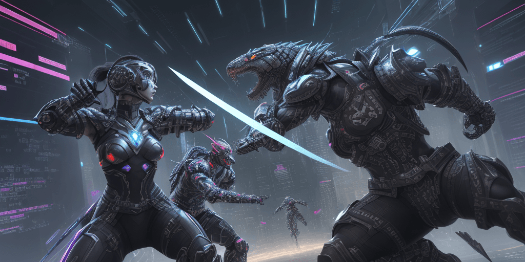 AI generated: Digital art, ultra-high-resolution, dynamic scene of an epic battle between developers in an open so...